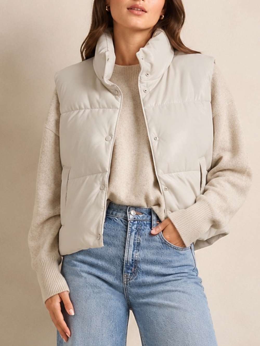 Old Navy Faux Leather Puffer Vest Cream Ecru Snap Front Quilted XXL NWT